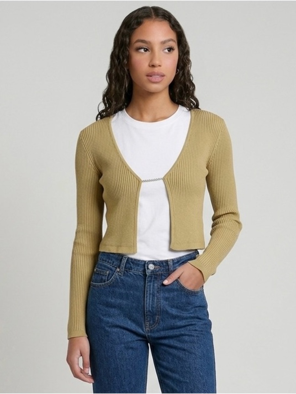 Ribbed Cropped Cardigan - Pear Green
